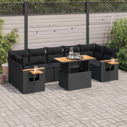 8 Pcs conjunto sofás jardim com almofadões vime PE/acácia preto
