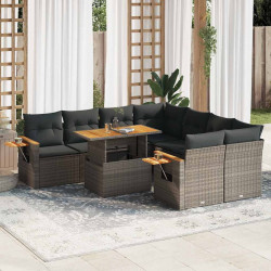 9 Pcs conjunto sofás jardim almofadões vime PE/acácia cinzento
