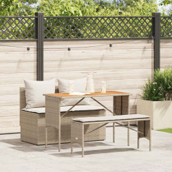 3 Pcs conjunto de jantar p/ jardim com almofadões vime PE bege