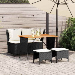 4 Pcs conjunto de jardim p/ jardim c/ almofadões vime PE preto
