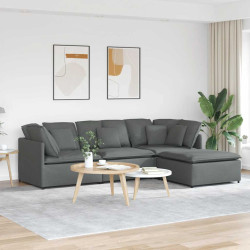 Sofá modular com pufes e almofadas tecido cinzento-escuro