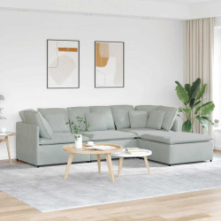 Sofá modular com pufes e almofadas veludo cinzento-claro