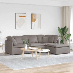 Sofá modular com pufes e almofadas tecido cinzento-acastanhado