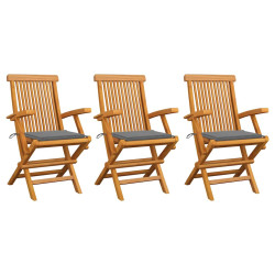 Cadeiras de jardim c/ almofadões cinzentos 3 pcs teca maciça