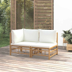 2 Pcs conjunto lounge de jardim bambu c/ almofadões branco nata