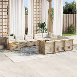 11 Pcs conjunto sofás de jardim c/ almofadões vime PE bege