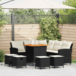 6Pcs conjunto sofás de jardim com almofadões em l vime PE preto
