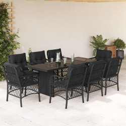 9 Pcs conjunto de jantar p/ jardim c/ almofadões vime PE preto
