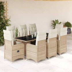 9 Pcs conjunto de bistrô para jardim c/ almofadões vime PE bege