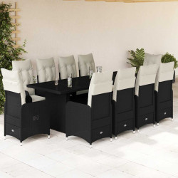 11 Pcs conjunto de bistrô p/ jardim c/ almofadões vime PE preto
