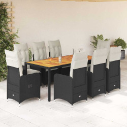 9 Pcs conjunto de bistrô p/ jardim c/ almofadões vime PE preto