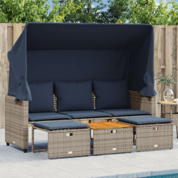 Sofá de jardim de 3 lugares com dossel e banquetas em rattan sintético cinza