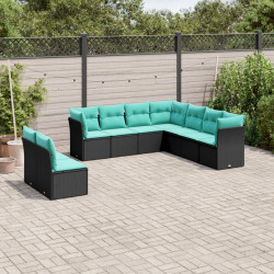 Conjunto de sofá de jardim de 9 peças com almofadas em rattan sintético preto