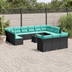 Conjunto de sofá de jardim com 14 peças e almofadas em rattan sintético preto