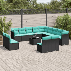 Conjunto de sofá de jardim com 14 peças e almofadas em rattan sintético preto