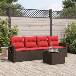 Conjunto de sofá de jardim de 5 peças com almofadas em rattan sintético marrom