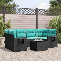 Conjunto de sofá de jardim com 7 peças e almofadas em rattan sintético preto