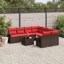 Conjunto de sofá de jardim com 9 peças e almofadas em rattan sintético marrom
