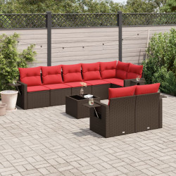 Conjunto de sofá de jardim com 9 peças e almofadas em rattan sintético marrom