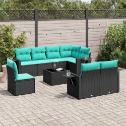 Conjunto de sofá de jardim de 9 peças com almofadas em rattan sintético preto