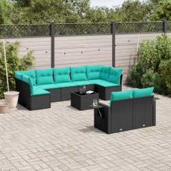 Conjunto de sofá de jardim com 10 peças e almofadas em rattan sintético preto