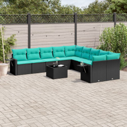 Conjunto de sofá de jardim com 11 peças e almofadas em rattan sintético preto
