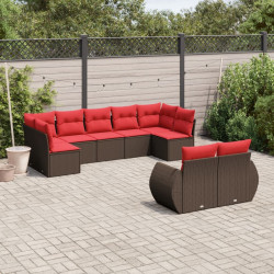 Conjunto de sofá de jardim com 9 peças e almofadas em rattan sintético marrom