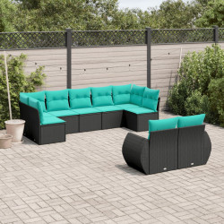 Conjunto de sofá de jardim de 9 peças com almofadas em rattan sintético preto