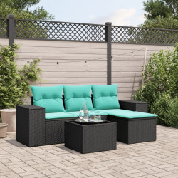 Conjunto de sofá de jardim de 5 peças com almofadas em rattan sintético preto