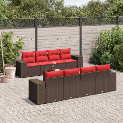 Conjunto de sofá de jardim com 9 peças e almofadas em rattan sintético marrom