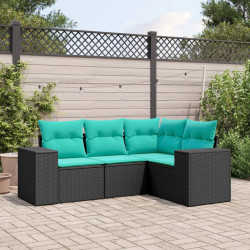 Conjunto de sofá de jardim com 4 peças e almofadas em rattan sintético preto