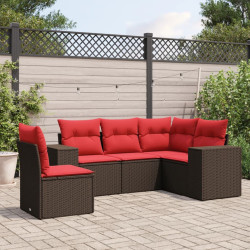 Conjunto de sofá de jardim de 5 peças com almofadas em rattan sintético marrom