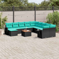 Conjunto de sofá de jardim com 12 peças e almofadas em rattan sintético preto