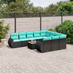 Conjunto de sofá de jardim com 11 peças e almofadas em rattan sintético preto
