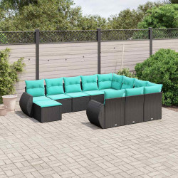 Conjunto de sofá de jardim com 11 peças e almofadas em rattan sintético preto