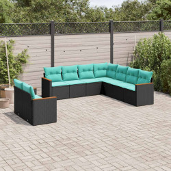 Conjunto de sofá de jardim de 9 peças com almofadas em rattan sintético preto
