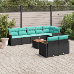 Conjunto de sofá de jardim de 9 peças com almofadas em rattan sintético preto
