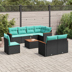 Conjunto de sofá de jardim de 9 peças com almofadas em rattan sintético preto