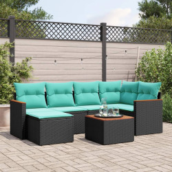 Conjunto de sofá de jardim com 7 peças e almofadas em rattan sintético preto