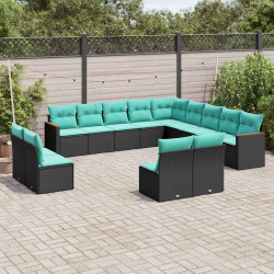 Conjunto de sofá de jardim com 13 peças e almofadas em rattan sintético preto