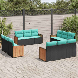 Conjunto de sofá de jardim com 12 peças e almofadas em rattan sintético preto