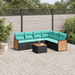 Conjunto de sofá de jardim com 7 peças e almofadas em rattan sintético preto