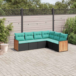 Conjunto de sofá de jardim com 6 peças e almofadas em rattan sintético preto