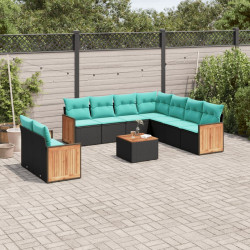 Conjunto de sofá de jardim com 10 peças e almofadas em rattan sintético preto