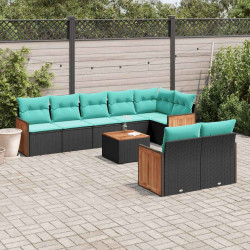 Conjunto de sofá de jardim de 9 peças com almofadas em rattan sintético preto