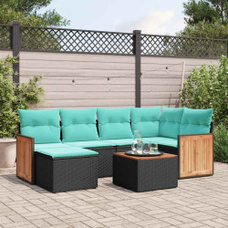 Conjunto de sofá de jardim com 7 peças e almofadas em rattan sintético preto