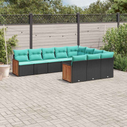 Conjunto de sofá de jardim com 10 peças e almofadas em rattan sintético preto