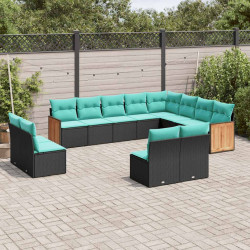 Conjunto de sofá de jardim com 12 peças e almofadas em rattan sintético preto