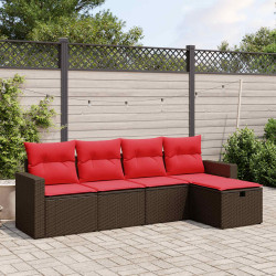 Conjunto de sofá de jardim de 5 peças com almofadas em rattan sintético marrom