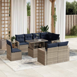 Conjunto de sofá de jardim de 9 peças com almofadas em rattan sintético cinza